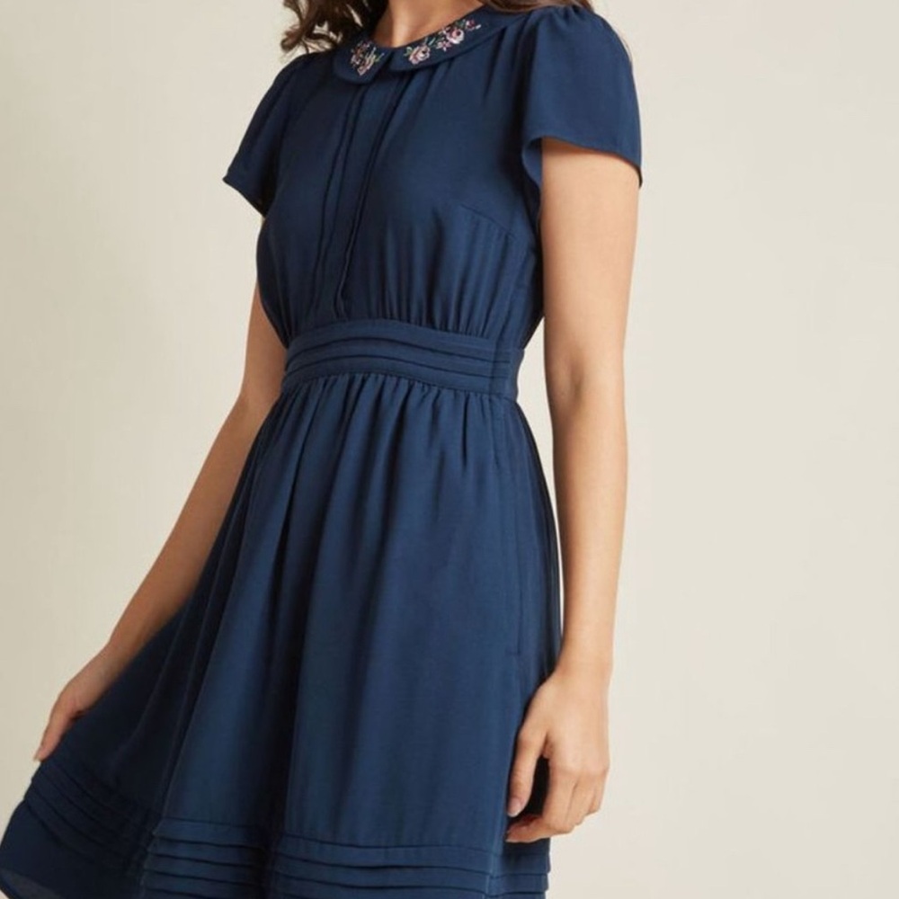 Modcloth Blue Fit and Flare Dress with Flutter Sleeves
